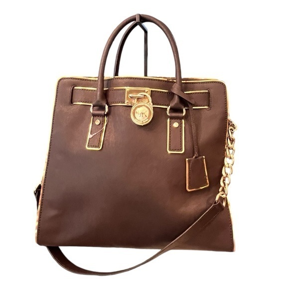 🎉SALE🎉 Michael Kors Hamilton Satchel Leather Bag Brown‎ Gold Piping Dust Bag